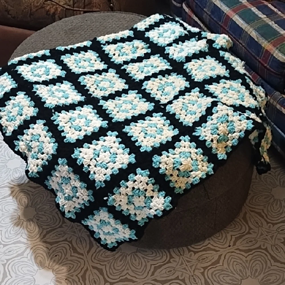 Granny Square Crochet Blanket with Black and Blue Couch Throw Cozy Winter